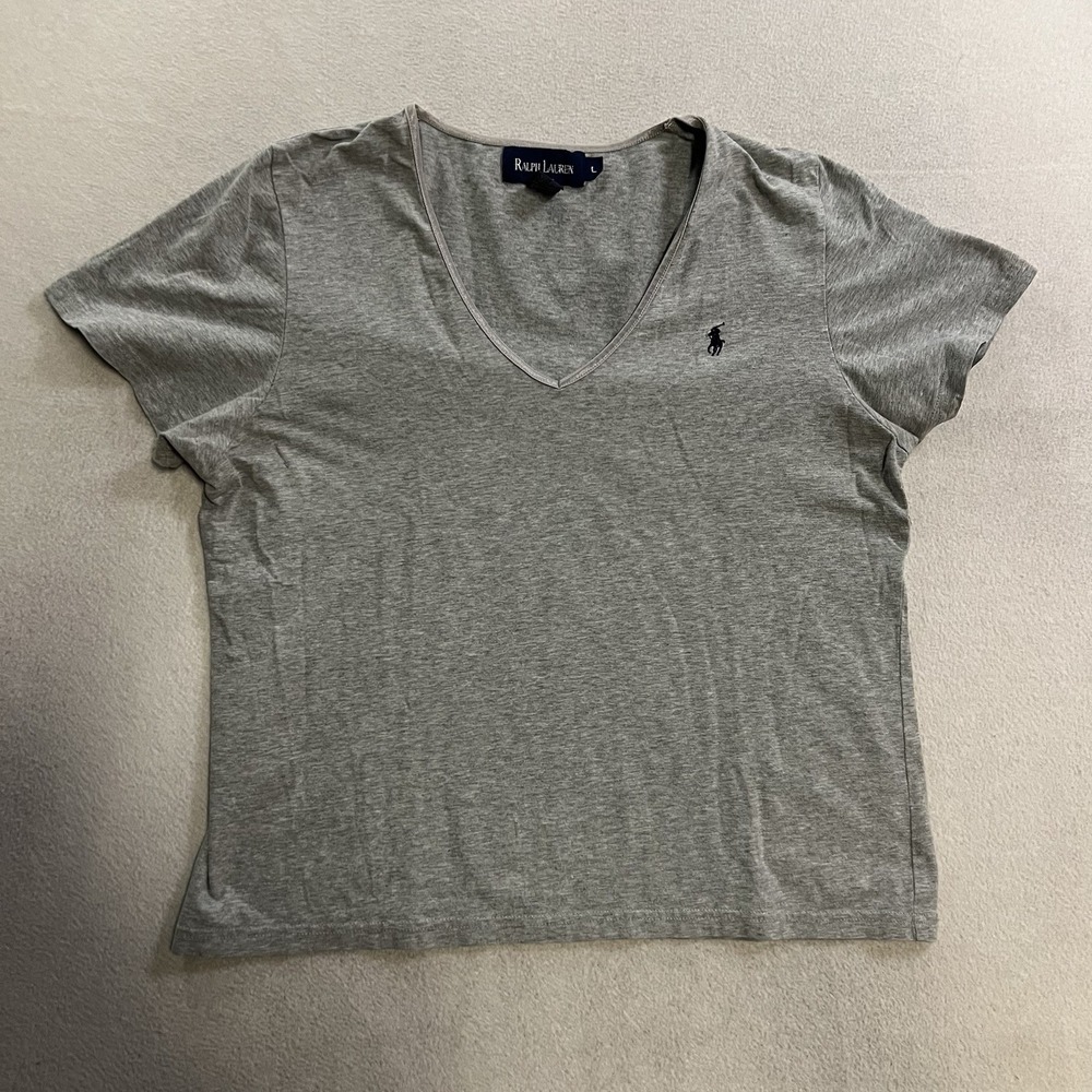 Vintage Ralph Lauren T-Shirt Women's Size Large Gray Short Sleeve V-Neck 90s